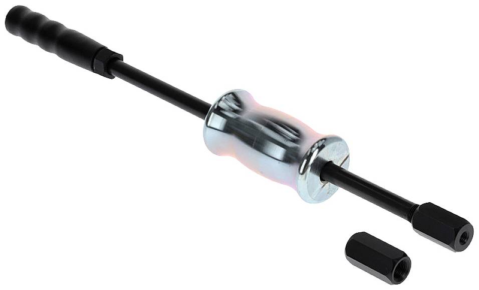 Metalowy młot udarowy, składający się z długiego uchwytu i cylindrycznej komponenty z przesuwnym ciężarkiem.