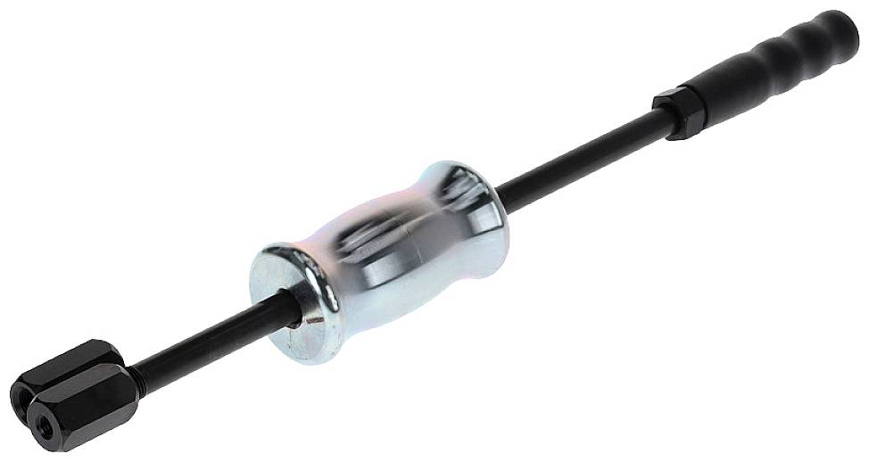 Ściągacz z długą, czarną rękojeścią i okrągłą, metalową wagą przesuwaną w środku.