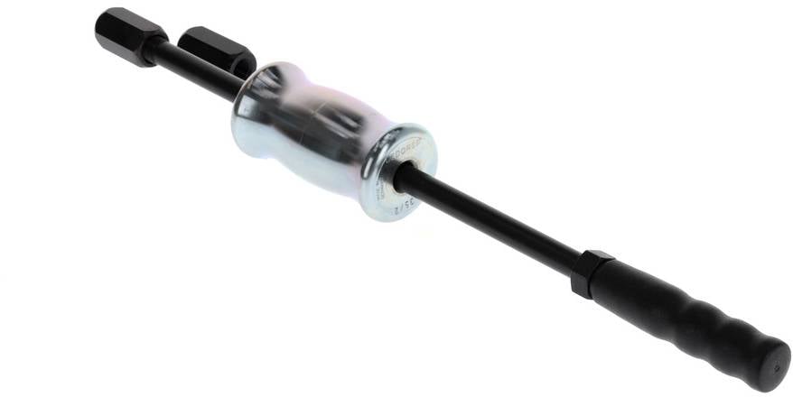 Młotek ślizgowy z masywnym uchwytem i metalowym prętem jest używany do demontażu lub wprowadzania części samochodowych.