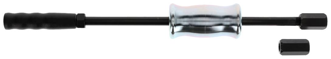 Narzędzie z czarnym uchwytem, srebrnym ciężarkiem pośrodku oraz dodatkowym adapterem po prawej stronie.