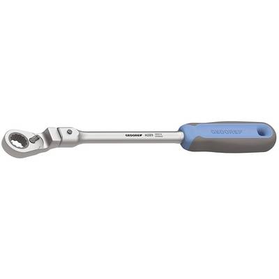 Grzechotka z metalową głowicą w kolorze szarym oraz ergonomicznym uchwytem w odcieniach niebieskiego i szarego.