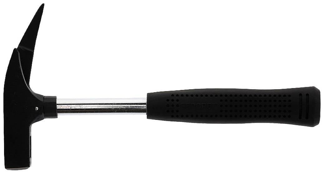 Czarny młotek ślusarski z antypoślizgowym uchwytem i srebrnym trzonkiem, ustawiony w pozycji poziomej na białym tle.
