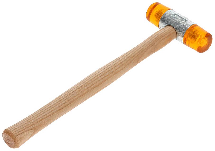 Młotek z drewnianą rączką i pomarańczową głowicą z tworzywa sztucznego, przydatny do prac na delikatnych powierzchniach lub podczas montażu.