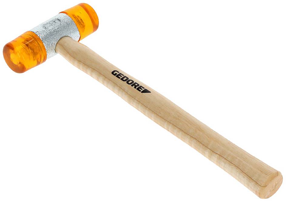 Młotek z drewnianą rękojeścią i pomarańczową plastikową główką.