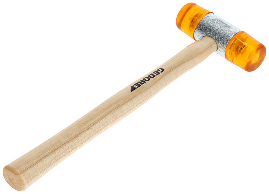 Młotek z tworzywa sztucznego z drewnianym uchwytem i pomarańczową główką, odpowiedni do delikatnych uderzeń bez uszkadzania materiału.