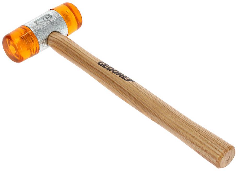 Młotek z pomarańczową, miękką główką i drewnianą rączką, przeznaczony do obróbki delikatnych powierzchni bez ich uszkadzania.