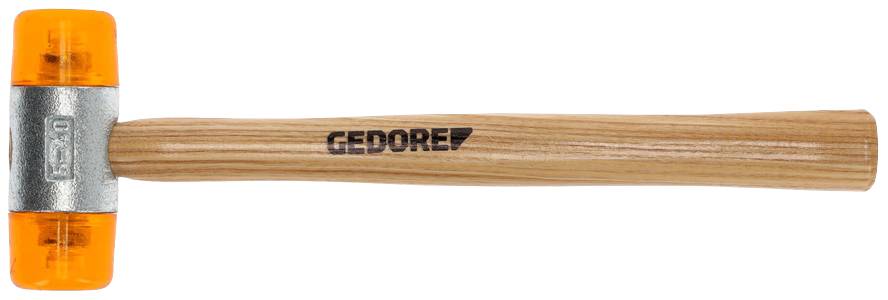 Młotek gumowy marki 'GEDORE' z drewnianą rączką i pomarańczowymi końcówkami. Odpowiedni do delikatnych uderzeń bez ryzyka uszkodzenia.