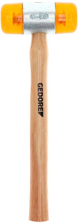 Młotek z drewnianą rękojeścią i żółtymi plastikowymi końcówkami. Oznaczenie 'GEDORE' na rękojeści.