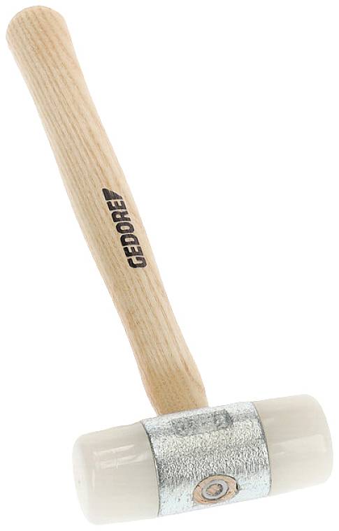 Młotek drewniany z jasną gumową główką i metalowym połączeniem, marki 'GEDORE', przedstawiony na białym tle.
