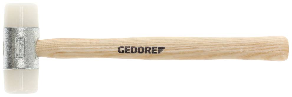 Młotek stolarski z głowicami z tworzywa sztucznego. Marka 'GEDORE' na rękojeści. Widok z przodu.