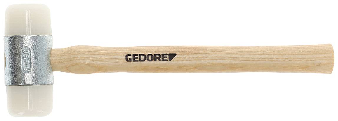 Młotek z drewnianą rękojeścią i gumową główką, z nazwą marki 'GEDORE' na rękojeści; przeznaczony do prac, które nie powinny powodować uszkodzeń.