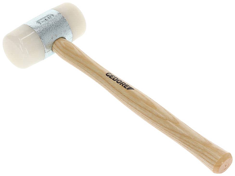 Młotek z tworzywa sztucznego z metalową główką, drewnianym uchwytem i napisem 'GEDORE'. Odpowiedni do stosowania przy delikatnych materiałach.