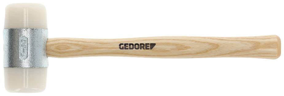 Młotek gumowy z drewnianą rączką i metalową obejmą. Głowica wyposażona jest obustronnie w jasne nakładki gumowe.