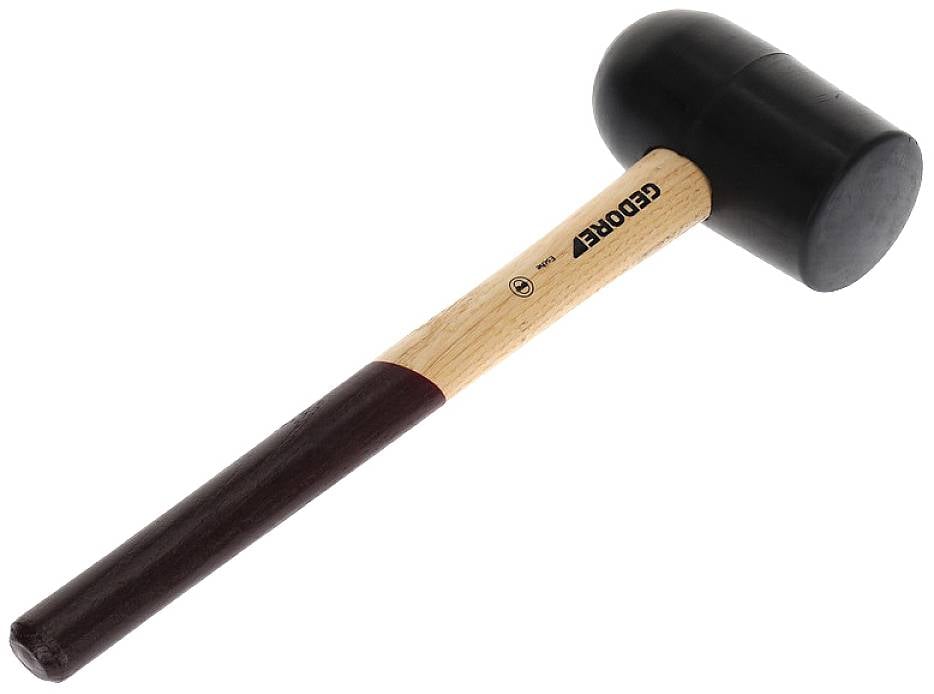 Młotek gumowy z czarną główką i drewnianym uchwytem, odpowiedni do zastosowań wymagających unikania uderzeń metalowych.