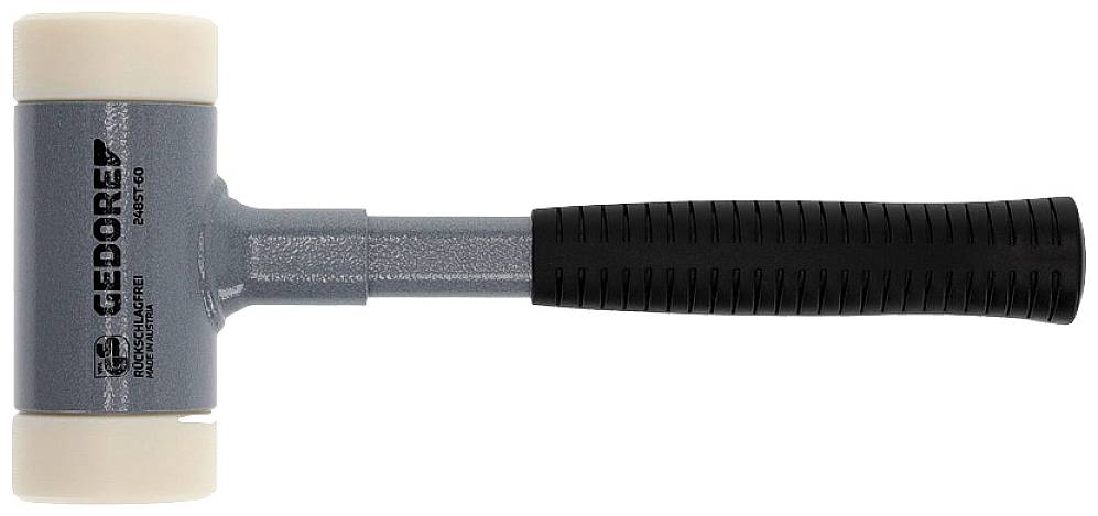 Młotek gumowy z czarnym, antypoślizgowym uchwytem i białymi głowicami. Marka 'Gedore' wygrawerowana na główce.