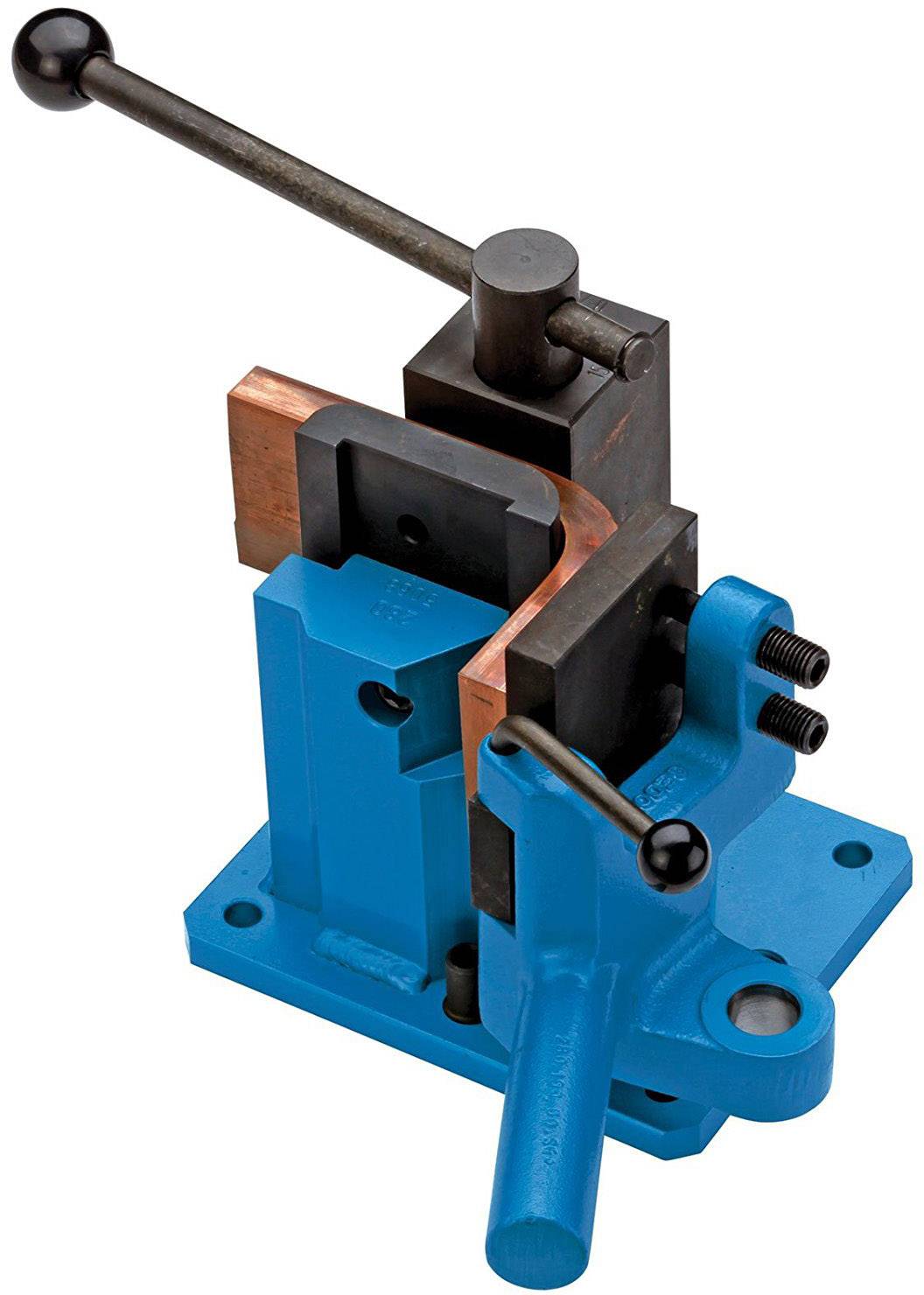 Niebieski giętarz krawędzi z czarną dźwignią, zamontowany na powierzchni roboczej. Widoczny jest wzmacniacz gięcia oraz podpora.