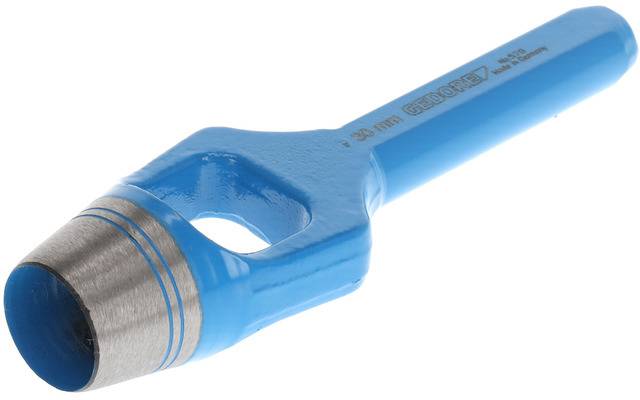 Metalowy dziurkacz w kolorze niebieskim z cylindryczną głowicą tnącą i uchwytem, używany do wykonywania otworów w materiałach takich jak skóra.