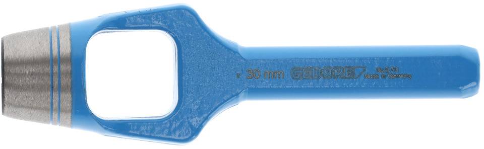 Niebieskie przebijak z metalowym grotem, średnica 30 mm, marka 'Gedore', wyprodukowane w Niemczech. Narzędzie do wykonywania otworów.