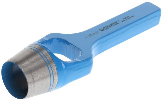 Niebieski dziurkacz skórzany z srebrnym ostrzem, odpowiedni do wykonywania otworów w materiałach takich jak skóra lub tkanina.