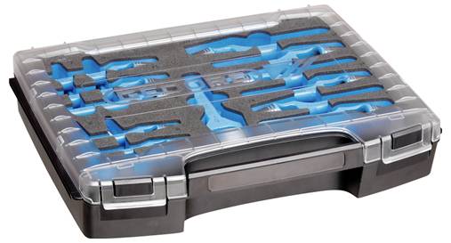 Kompaktowa plastikowa skrzynka narzędziowa z przezroczystą pokrywą ujawnia dopasowaną gąbkową wkładkę do bezpiecznego trzymania różnych narzędzi.