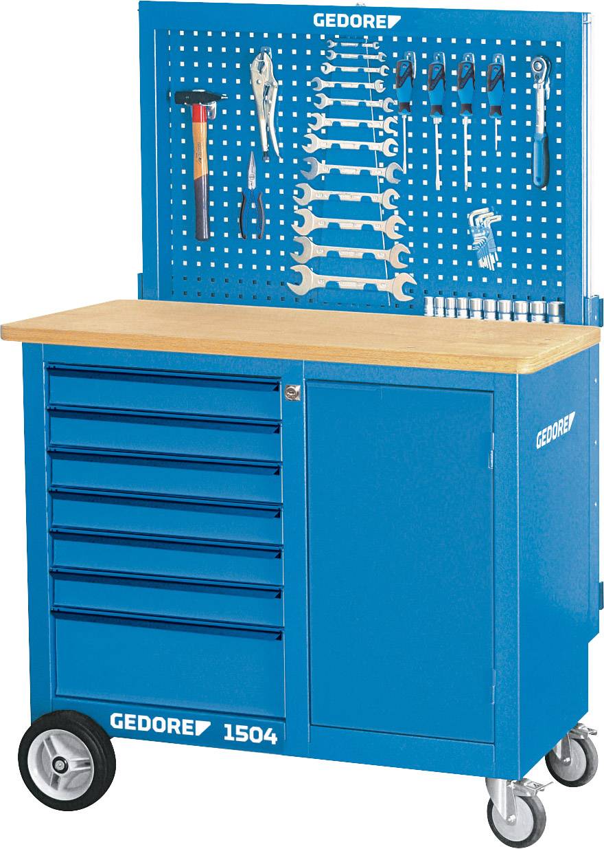 Niebieska stół warsztatowy z pięcioma szufladami i jedną klapą, z perforowaną ścianką tylną wyposażoną w haczyki do zawieszania młotków, kluczy i szczypiec.