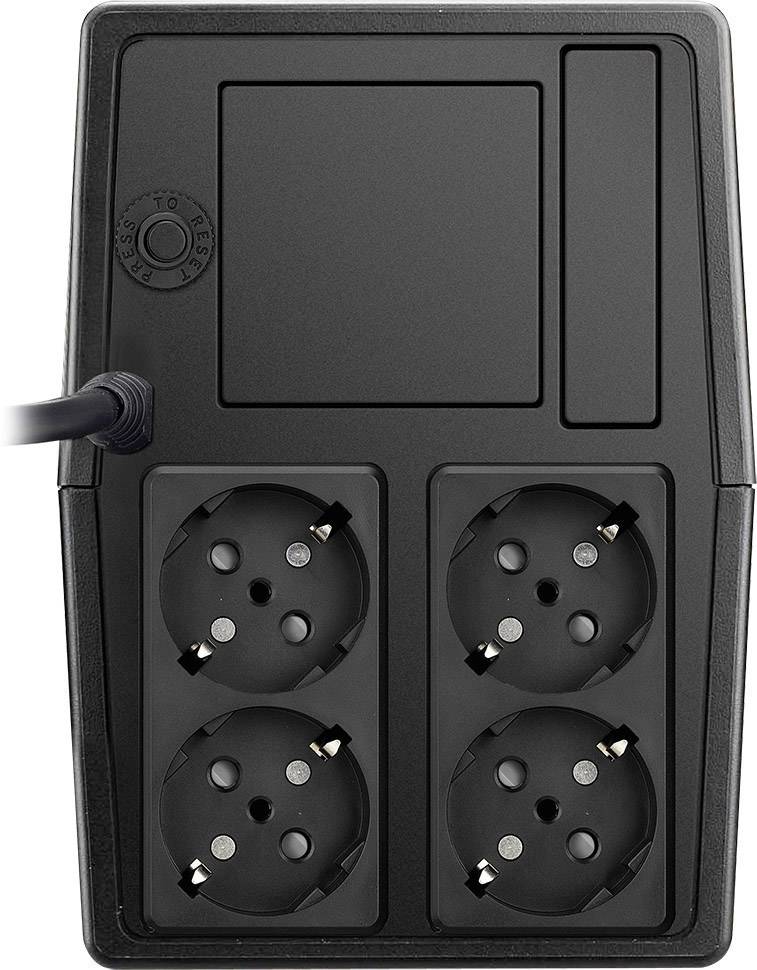 Czarna listwa zasilająca z czterema gniazdkami Schuko i włącznikiem sieciowym na czarnym tle.