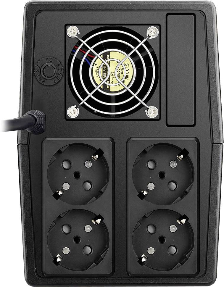 Listwa zasilająca czterostronna z zabezpieczeniem przeciwprzepięciowym, z wentylatorem chłodzącym na górze.