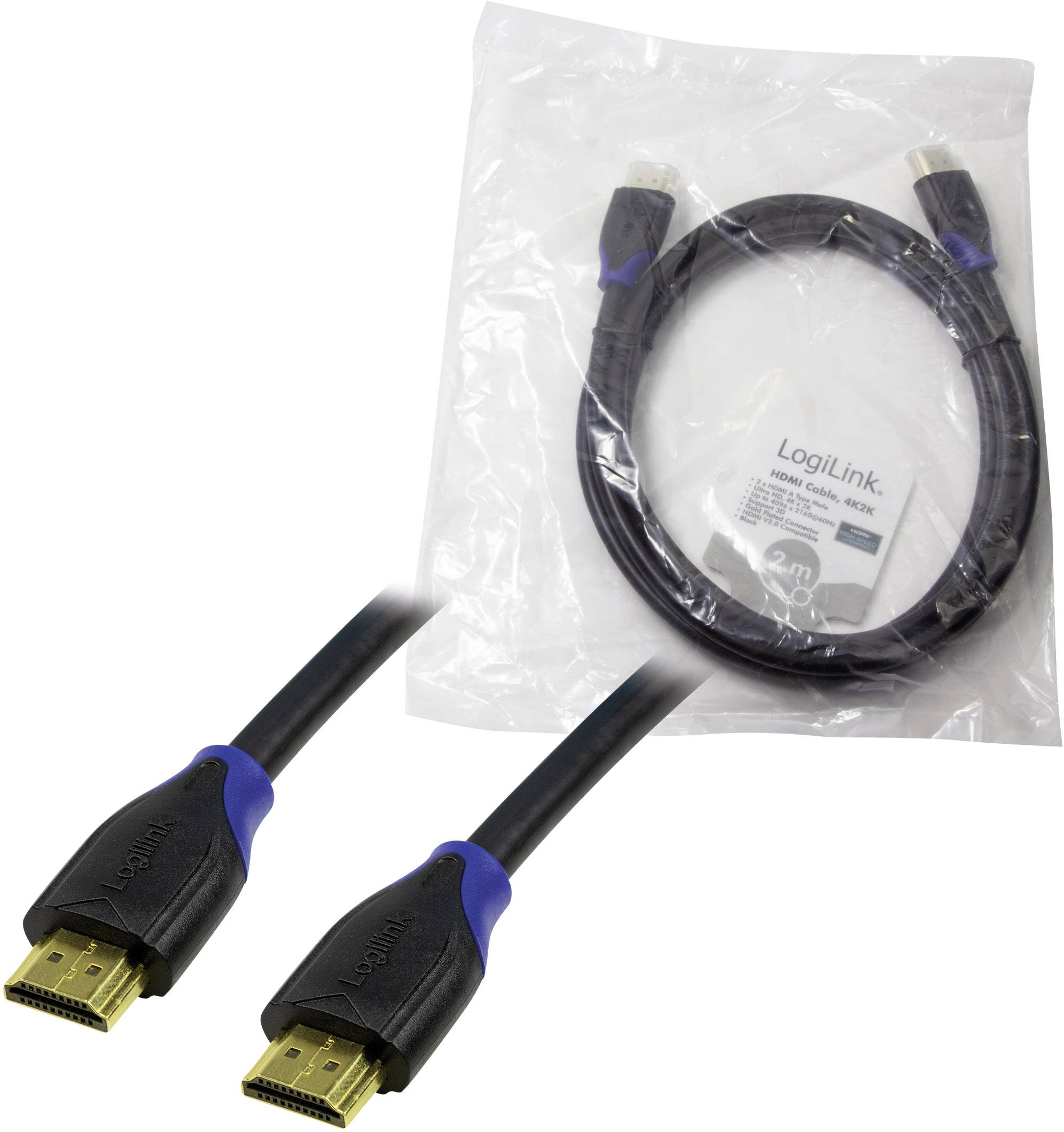 Czarny kabel HDMI z niebieskimi elementami, zapakowany w przezroczystą torbę. Na opakowaniu widnieje napis 'LogiLink HDMI Kabel'.