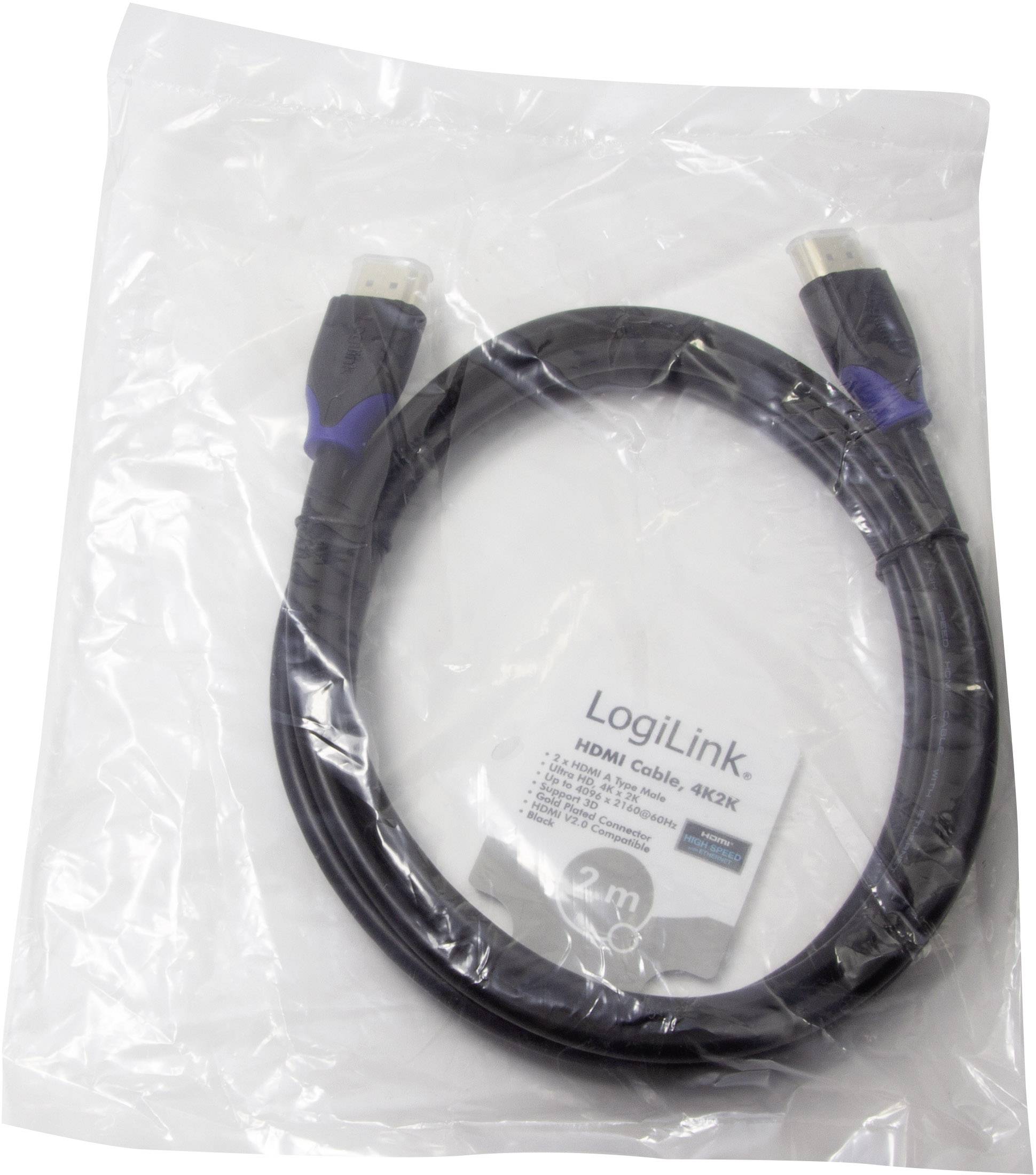 Czarny kabel HDMI, długość 2 metry, zapakowany w przezroczystą folię plastikową. Na opakowaniu widnieje napis 'LogiLink' oraz specyfikacja '4K2K'.