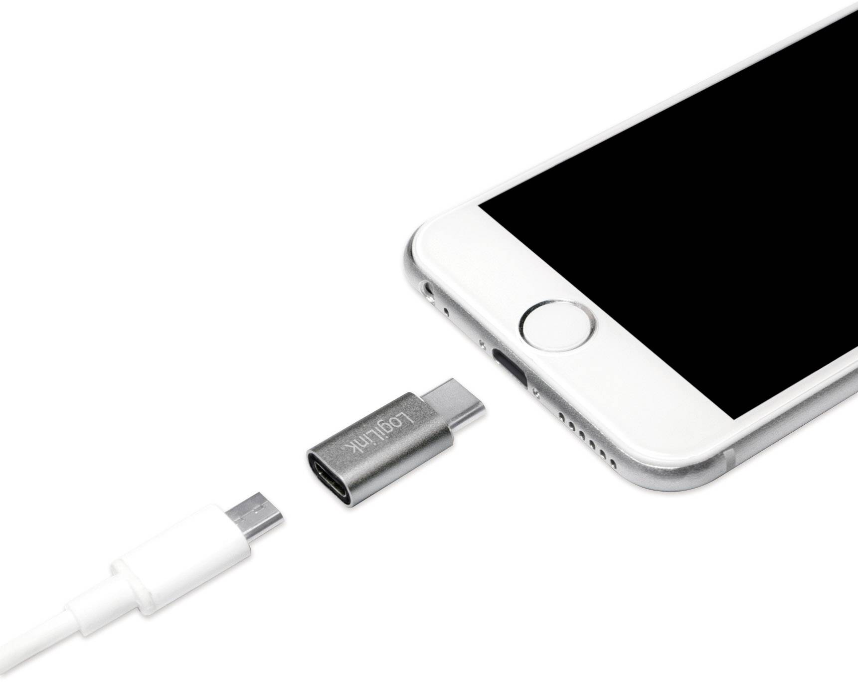 Smartfon z adapterem USB-C oraz przewodem ładującym obok niego, ilustrujący możliwości podłączenia.