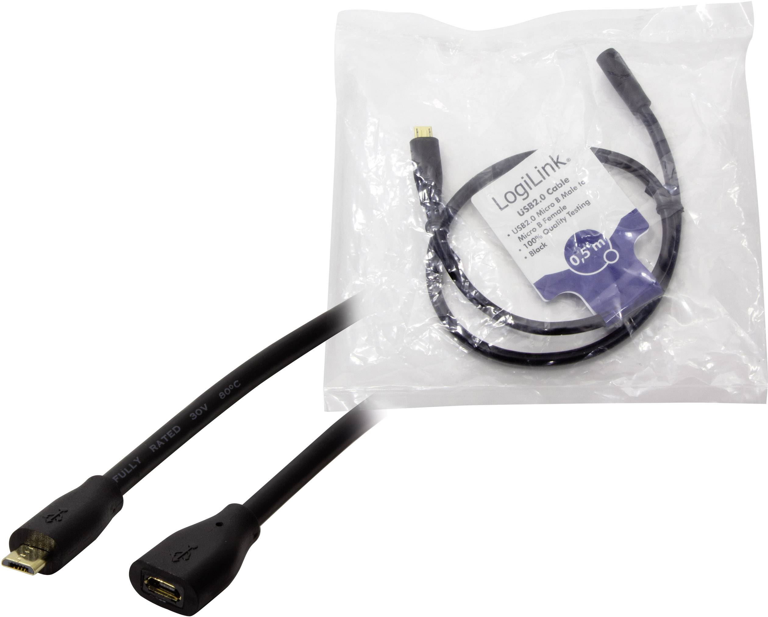 Kabel przedłużające LogiLink USB-C, 0,5 m, prezentowane wewnątrz i na zewnątrz opakowania. Idealne do przedłużania złączy USB-C.