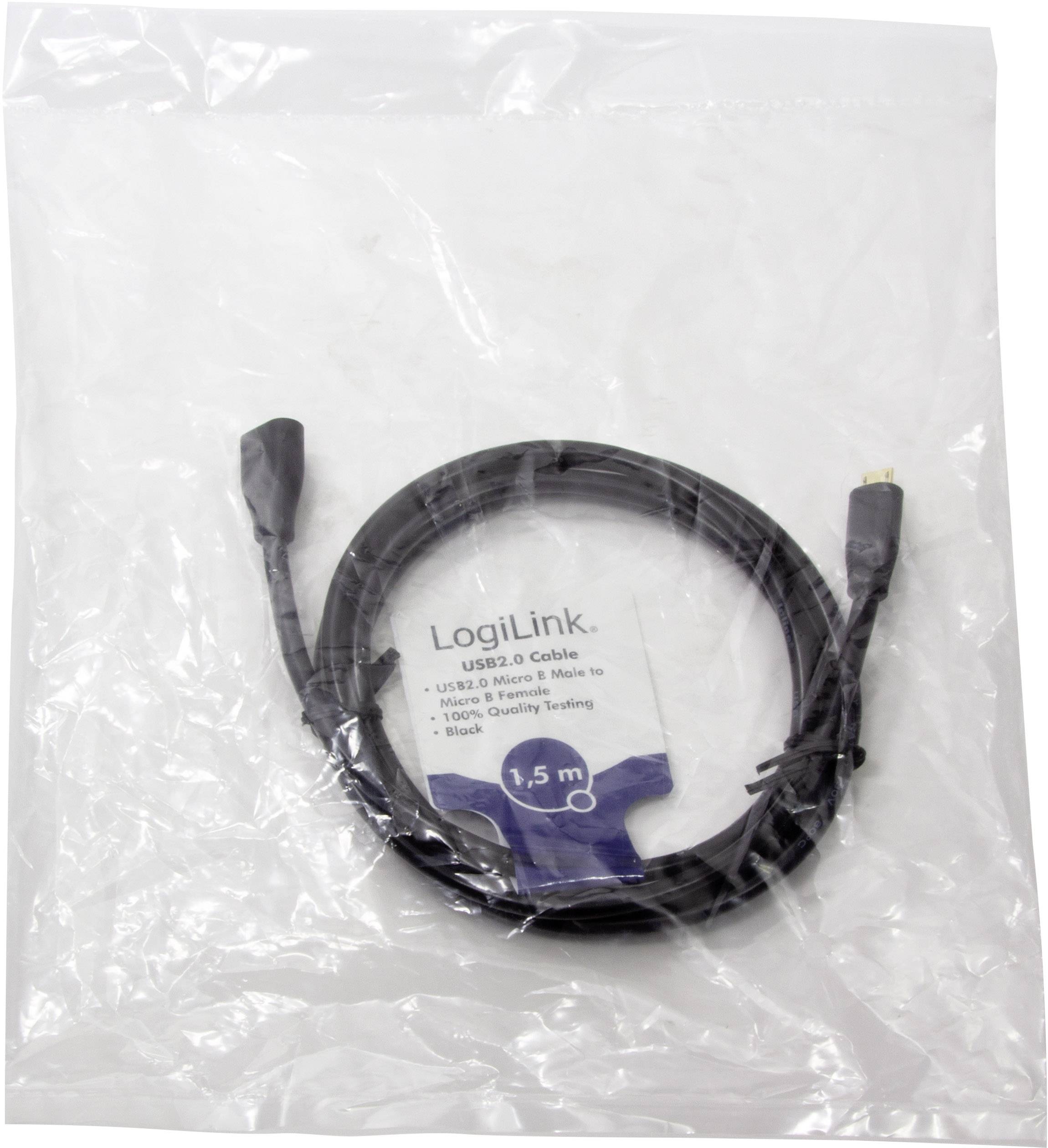 Kabel USB 2.0 (1,5 m), LogiLink, w przezroczystej torebce plastikowej. Kabel jest czarny i testowany pod kątem wysokiej jakości.