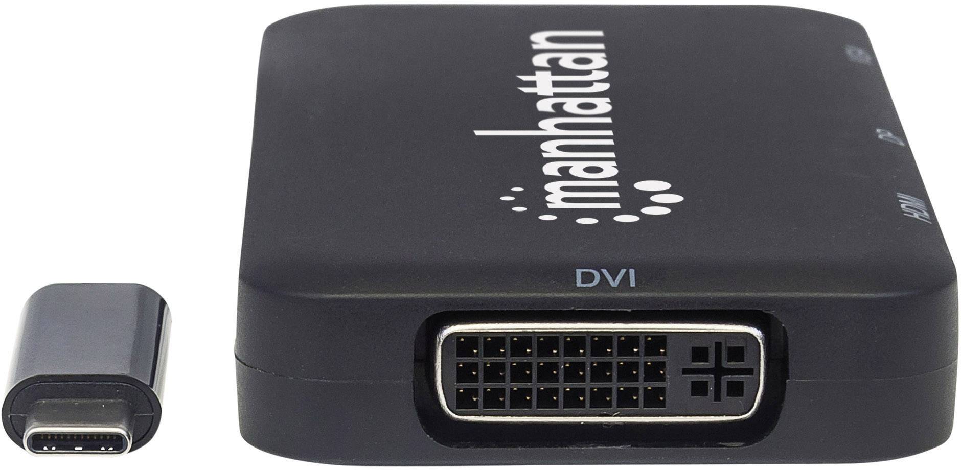 Czarny adapter z napisem 'manhattan', który przekształca wtyczkę USB-C w złącze DVI.