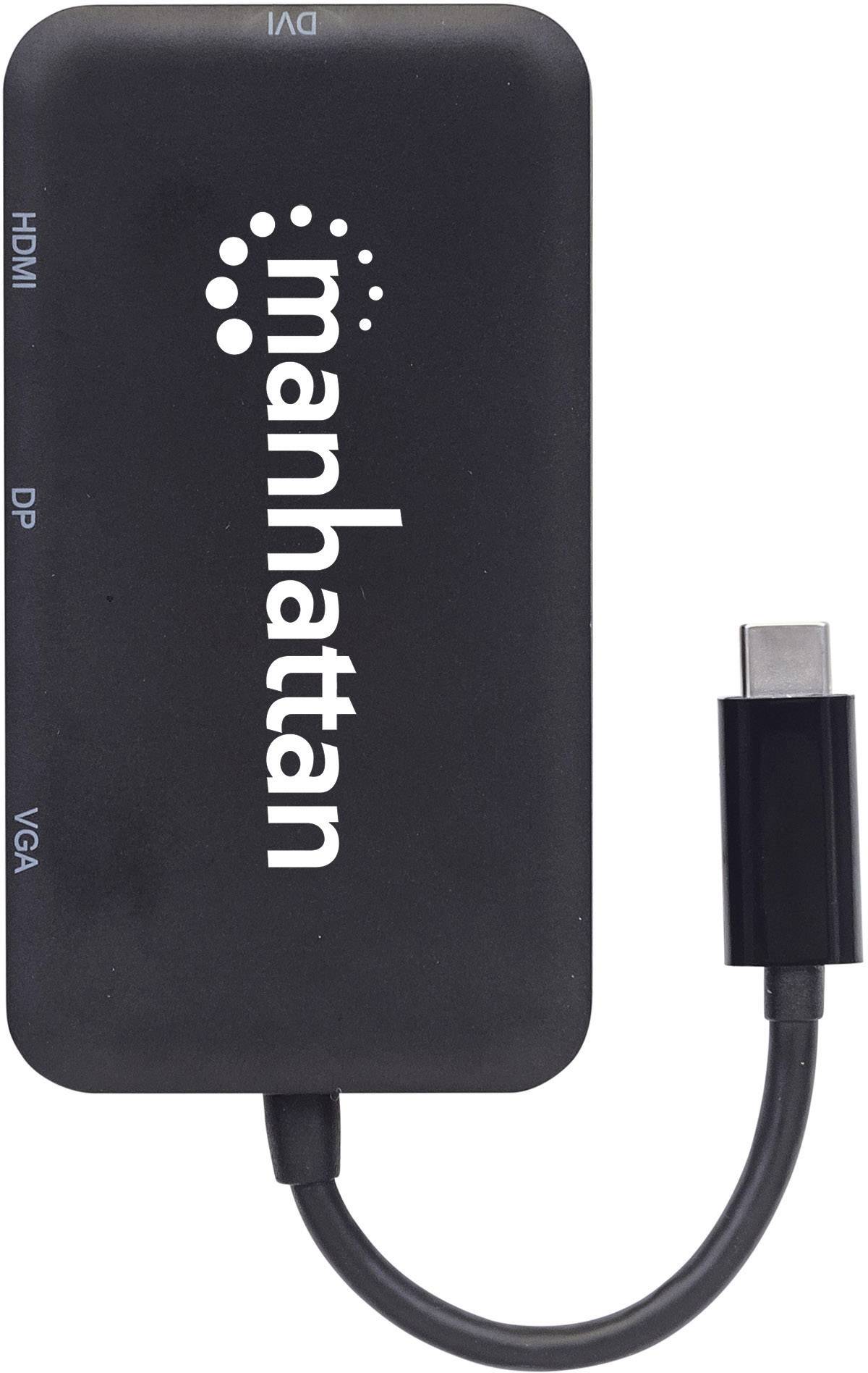 Adapter z napisem 'manhattan', posiadający złącza DVI, HDMI, DisplayPort i VGA, podłączony kablem USB-C.