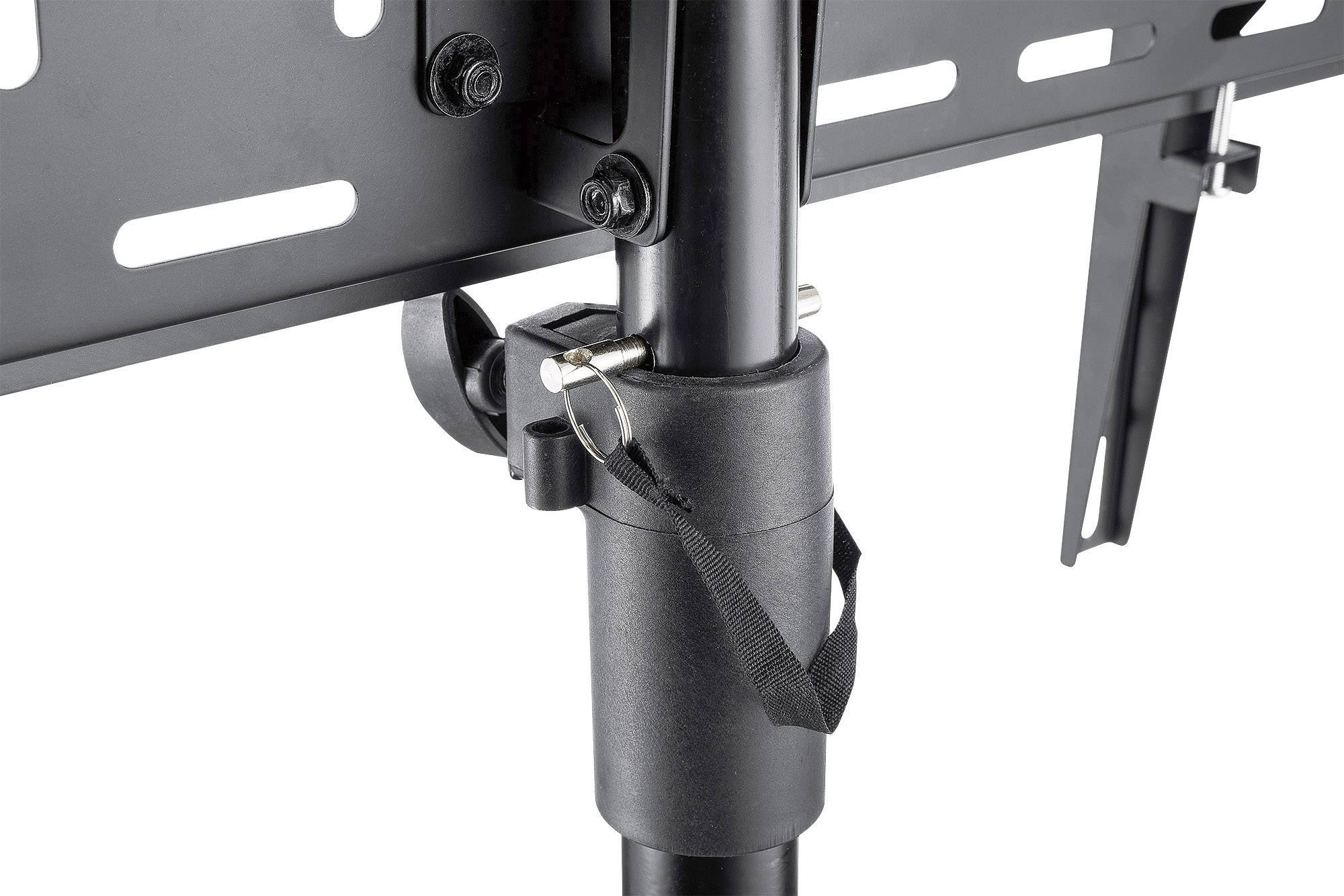 Czarna konsola zamocowana na metalowym pręcie z śrubami i paskiem, prezentuje fragment systemu montażu telewizora na ścianie.