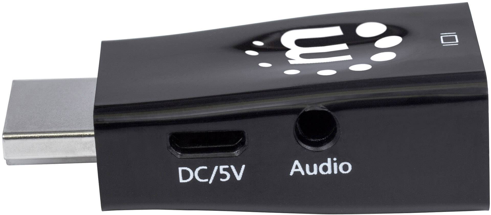 Czarny adapter z gniazdem USB, złączem DC/5V oraz wejściem audio. Logo jest nadrukowane na biało.