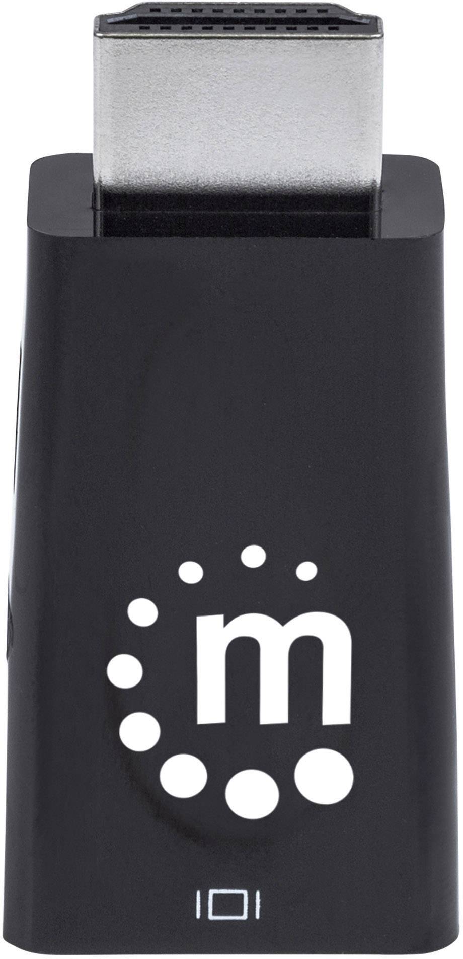 Czarny adapter HDMI z białym logo 'm' otoczonym punktami na przedniej stronie.