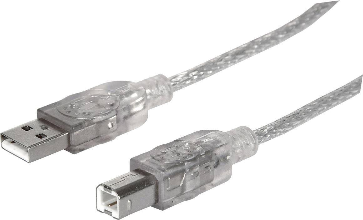 Przezroczysty kabel USB z wtyczką USB standardową oraz kwadratową wtyczką USB-B do podłączania urządzeń peryferyjnych.