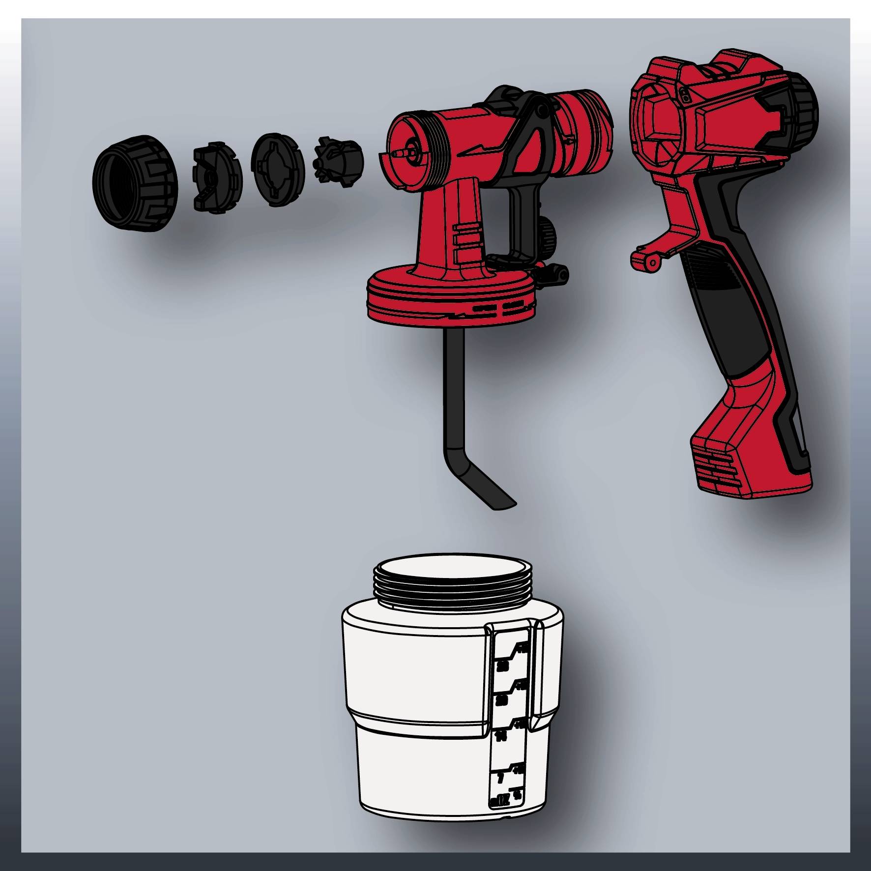 Rysunek rozstrzelony urządzenia natryskowego z elementami możliwymi do demontażu i zbiornikiem farby, przedstawiający montaż i komponenty urządzenia.