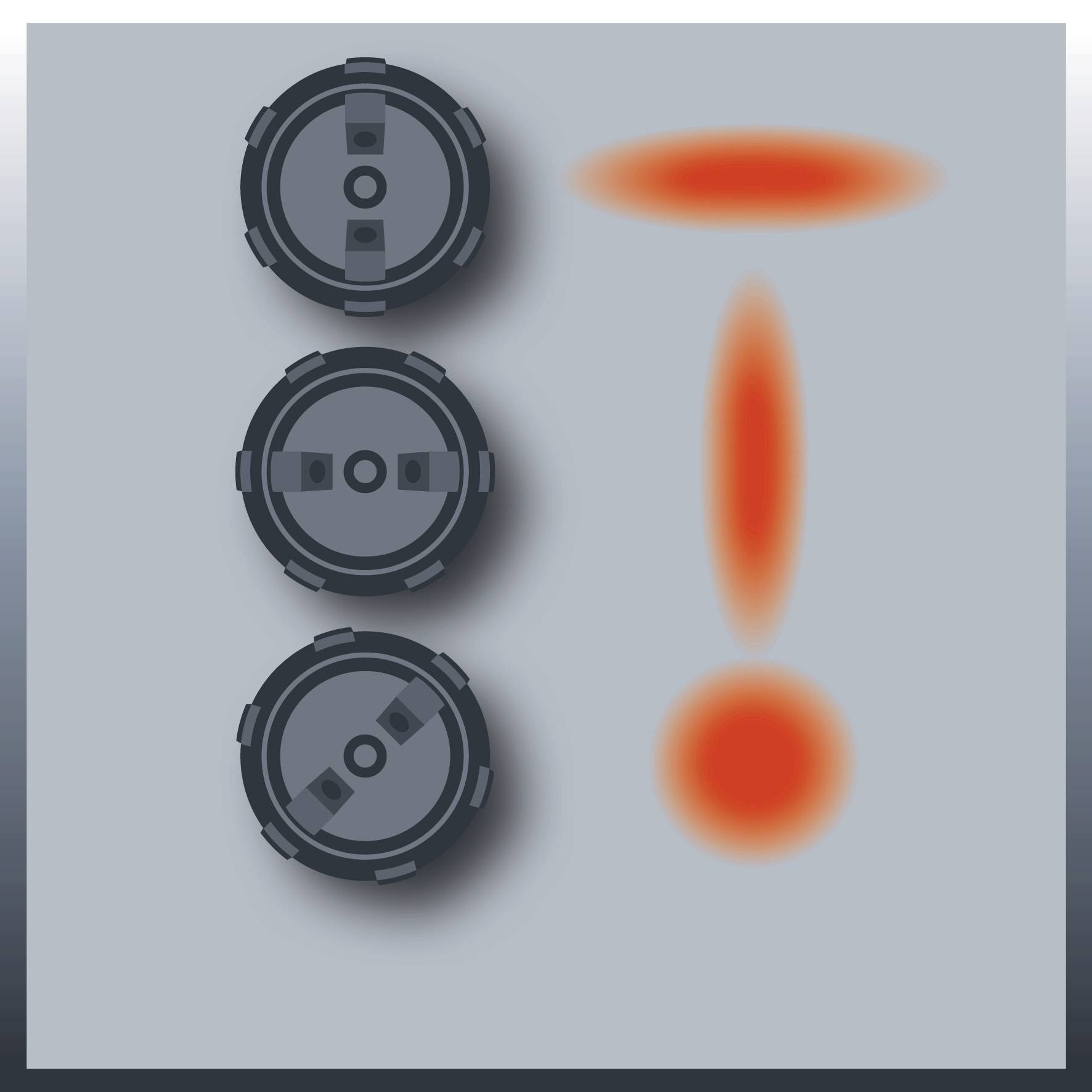 Szara powierzchnia z trzema czarnymi kołami zębatymi po lewej stronie i dużym czerwonym wykrzyknikiem po prawej stronie; symbol ostrożności lub ostrzeżenia.