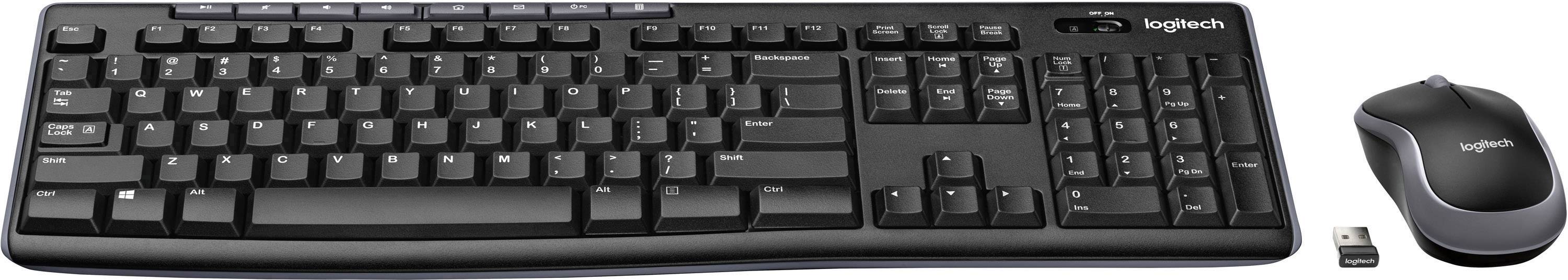 Bezprzewodowa klawiatura Logitech z myszą i odbiornikiem USB. Kompaktowy zestaw do użytku komputerowego.
