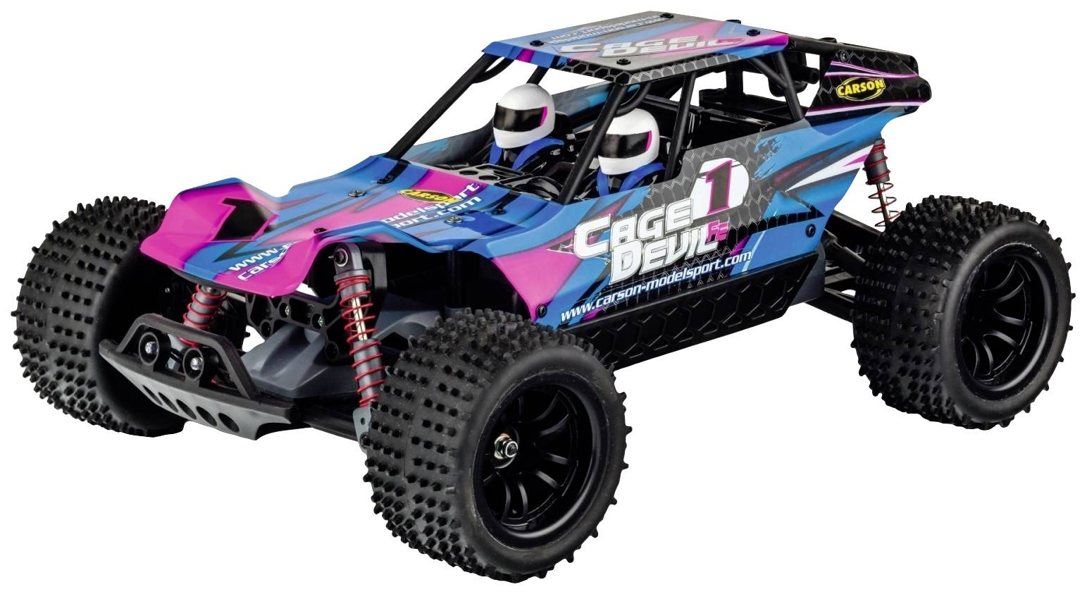 Zabawkowy samochód wyścigowy w stylu terenowym z czarno-niebiesko-różowym lakierem, widoczną klatką bezpieczeństwa oraz dwoma figurkami kierowców w kabinie.