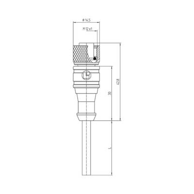 Rysunek techniczny złącza elektrycznego z wymiarami: długość całkowita 42,8 mm, średnica 14,5 mm, gwint M 12 x 1.