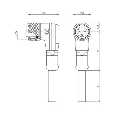 Rysunek techniczny złącza elektrycznego z wymiarami: szerokość 24,8 mm, wysokość 14,5 mm, gwint M12x1.