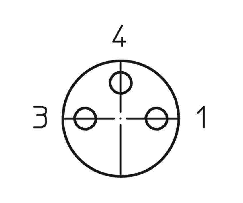 Diagram okrągłej wtyczki z czterema ponumerowanymi stykami ułożonymi w pozycji jak na zegarze w godzinie 4: u góry (4), po lewej (3) oraz po prawej (1).