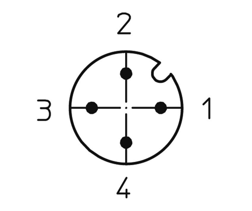 Okrągła wtyczka z czterema ponumerowanymi stykami w pozycjach od 1 do 4, odpowiednia do podłączania urządzeń elektrycznych.