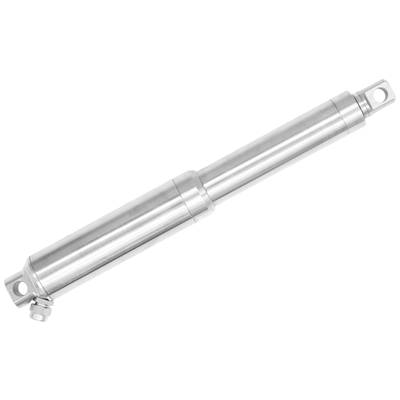 Srebrny cylinder hydrauliczny, widoczne są punkty mocowania na obu końcach. Wykonany głównie z metalu.