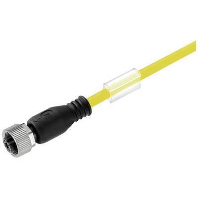 Żółty kabel Ethernet z czarną, wytrzymałą wtyczką i srebrnym metalowym złączem gwintowym na końcu. Odpowiedni do zastosowań przemysłowych.
