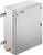 Srebrna metalowa skrzynka z śrubami w każdym rogu, nadająca się do montażu ściennego. Przeznaczona do zastosowań przemysłowych lub elektrycznych.