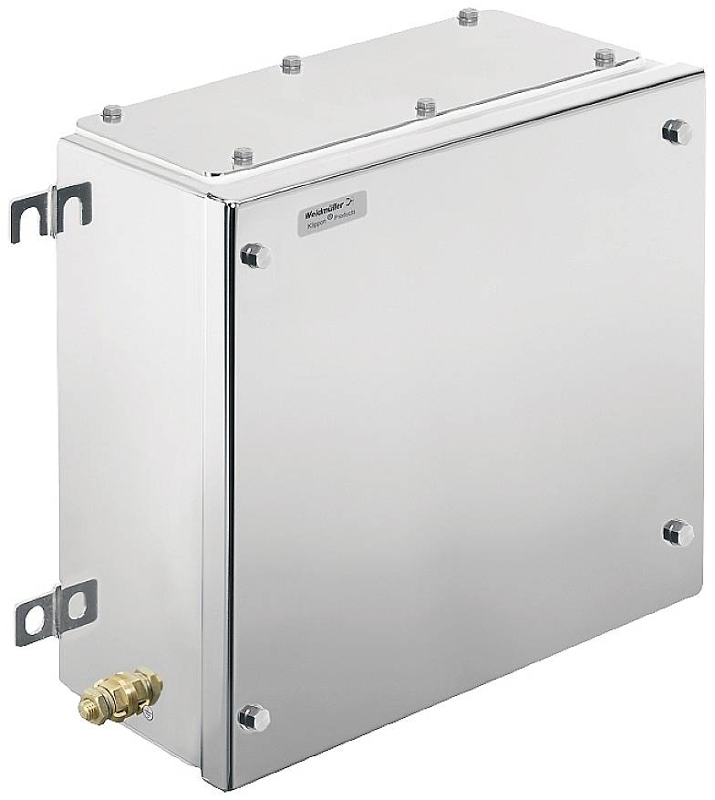 Srebrna, prostokątna metalowa skrzynka z wkrętami i uchwytami do mocowania na ścianie. Odpowiednia do zastosowań technicznych.